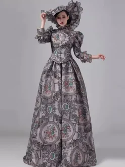 Robe victorienne grise à tournure manches longues robe maxi rétro à fleurs avec chapeau