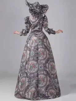 Robe victorienne grise à tournure manches longues robe maxi rétro à fleurs avec chapeau