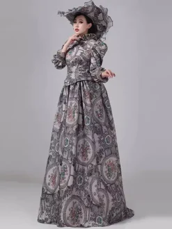 Robe victorienne grise à tournure manches longues robe maxi rétro à fleurs avec chapeau