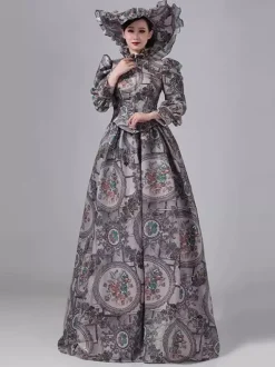 Robe victorienne grise à tournure manches longues robe maxi rétro à fleurs avec chapeau