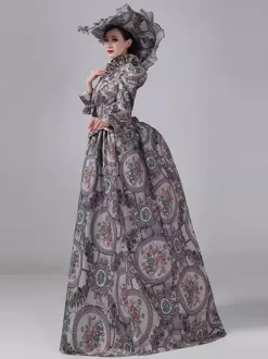 Robe victorienne grise à tournure manches longues robe maxi rétro à fleurs avec chapeau