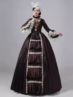 Robe victorienne marron foncé à manches longues col montant en dentelle style rétro