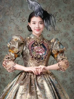 Robe Victorienne Rococo Dentelle À Imprimé Floral Manches 3/4 Robe Classique Champagne