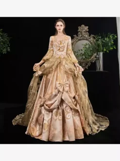 Robe Victorienne Rococo À Imprimé Floral En Dentelle À Manches Robe Classique Abricot Profond