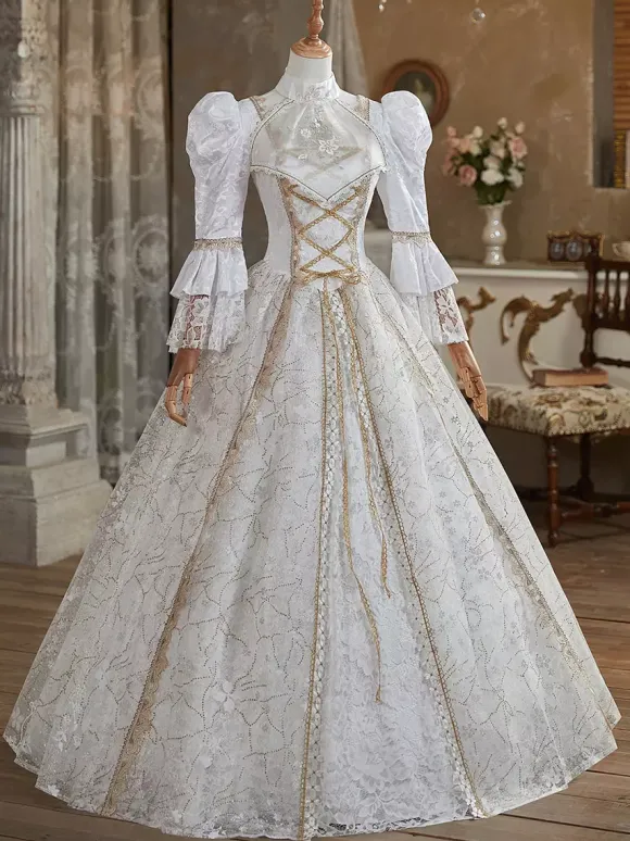 Robe Victorienne rétro blancs en polyester Robe Marie Antoinette Costume Robe Femme Style britannique Costume du 18e siècle