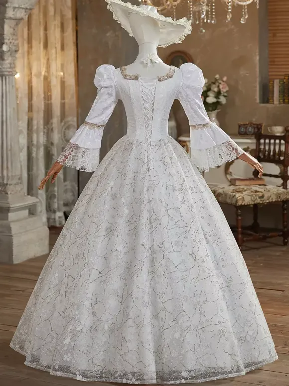 Robe Victorienne rétro blancs en polyester Robe Marie Antoinette Costume Robe Femme Style britannique Costume du 18e siècle