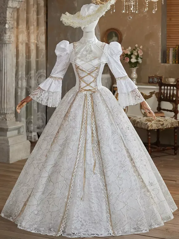 Robe Victorienne rétro blancs en polyester Robe Marie Antoinette Costume Robe Femme Style britannique Costume du 18e siècle