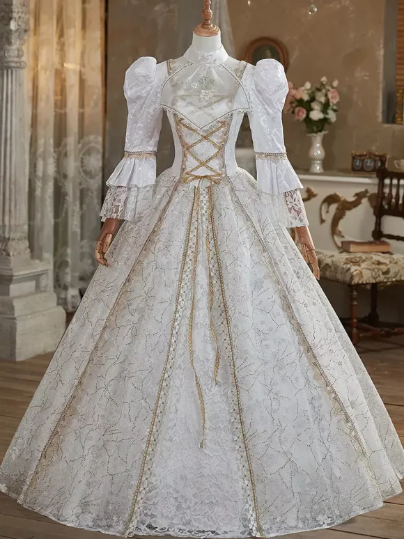 Robe Victorienne rétro blancs en polyester Robe Marie Antoinette Costume Robe Femme Style britannique Costume du 18e siècle