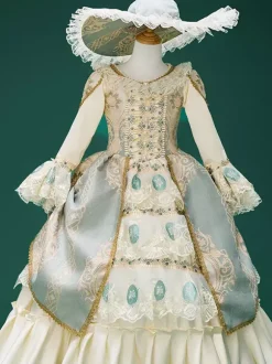 Robe Victorienne rétro champagne perles polyester costume Robe Marie Antoinette imprimé floral chapeau fille tunique rétro vêtements vintage