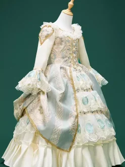 Robe Victorienne rétro champagne perles polyester costume Robe Marie Antoinette imprimé floral chapeau fille tunique rétro vêtements vintage