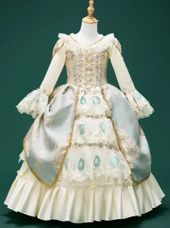 Robe Victorienne rétro champagne perles polyester costume Robe Marie Antoinette imprimé floral chapeau fille tunique rétro vêtements vintage