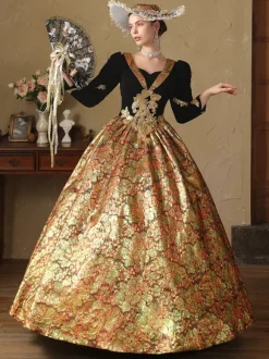 Robe Victorienne rétro dorés Robe en jacquard de polyester Costume de Marie-Antoinette Renaissance pour femme Costume du XVIIIe siècle