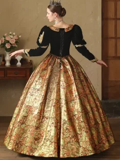 Robe Victorienne rétro dorés Robe en jacquard de polyester Costume de Marie-Antoinette Renaissance pour femme Costume du XVIIIe siècle