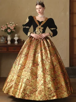 Robe Victorienne rétro dorés Robe en jacquard de polyester Costume de Marie-Antoinette Renaissance pour femme Costume du XVIIIe siècle