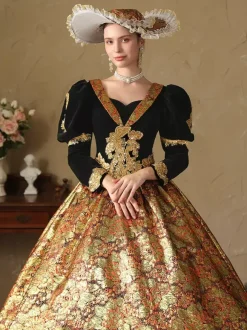 Robe Victorienne rétro dorés Robe en jacquard de polyester Costume de Marie-Antoinette Renaissance pour femme Costume du XVIIIe siècle