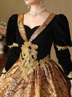 Robe Victorienne rétro dorés Robe en jacquard de polyester Costume de Marie-Antoinette Renaissance pour femme Costume du XVIIIe siècle