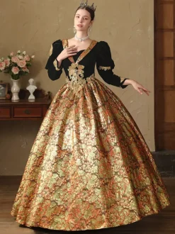 Robe Victorienne rétro dorés Robe en jacquard de polyester Costume de Marie-Antoinette Renaissance pour femme Costume du XVIIIe siècle