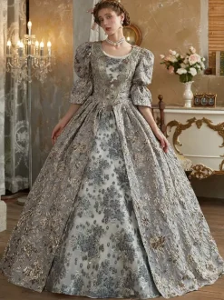Robe Victorienne rétro gris clair Robe en polyester Costume royal Marie-Antoinette pour femme Costume du XVIIIe siècle