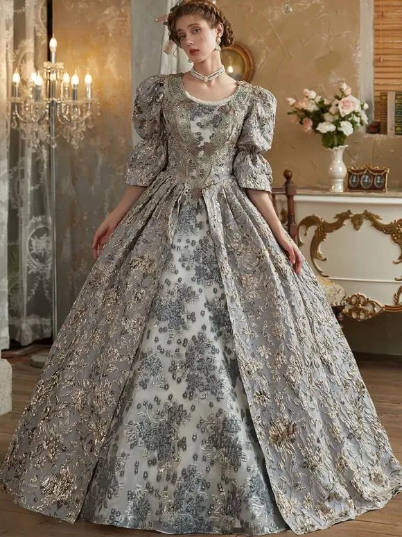 Robe Victorienne rétro gris clair Robe en polyester Costume royal Marie-Antoinette pour femme Costume du XVIIIe siècle