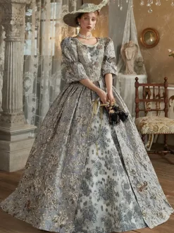 Robe Victorienne rétro gris clair Robe en polyester Costume royal Marie-Antoinette pour femme Costume du XVIIIe siècle