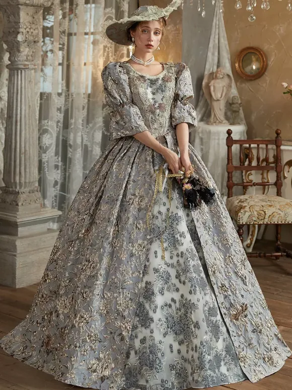 Robe Victorienne rétro gris clair Robe en polyester Costume royal Marie-Antoinette pour femme Costume du XVIIIe siècle