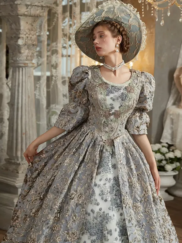 Robe Victorienne rétro gris clair Robe en polyester Costume royal Marie-Antoinette pour femme Costume du XVIIIe siècle