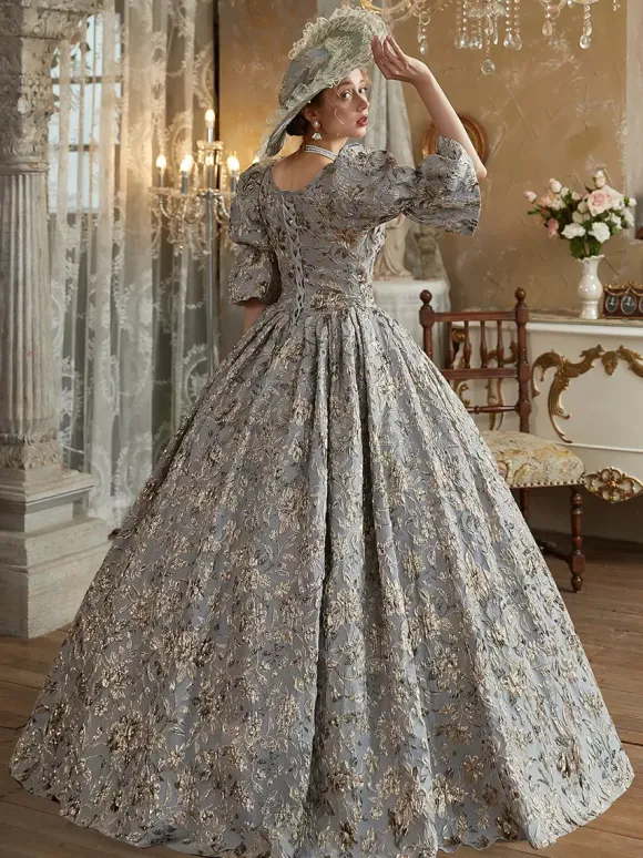 Robe Victorienne rétro gris clair Robe en polyester Costume royal Marie-Antoinette pour femme Costume du XVIIIe siècle