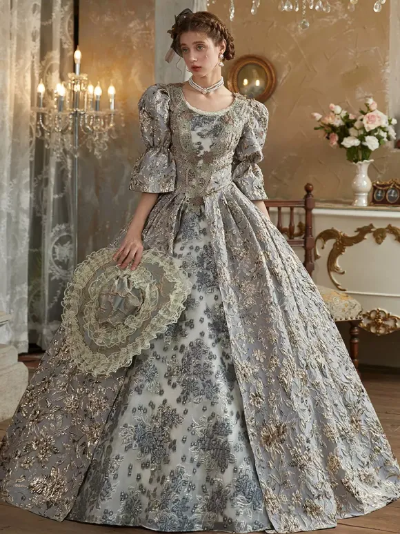 Robe Victorienne rétro gris clair Robe en polyester Costume royal Marie-Antoinette pour femme Costume du XVIIIe siècle