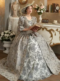 Robe Victorienne rétro gris clair Robe en polyester Costume royal Marie-Antoinette pour femme Costume du XVIIIe siècle