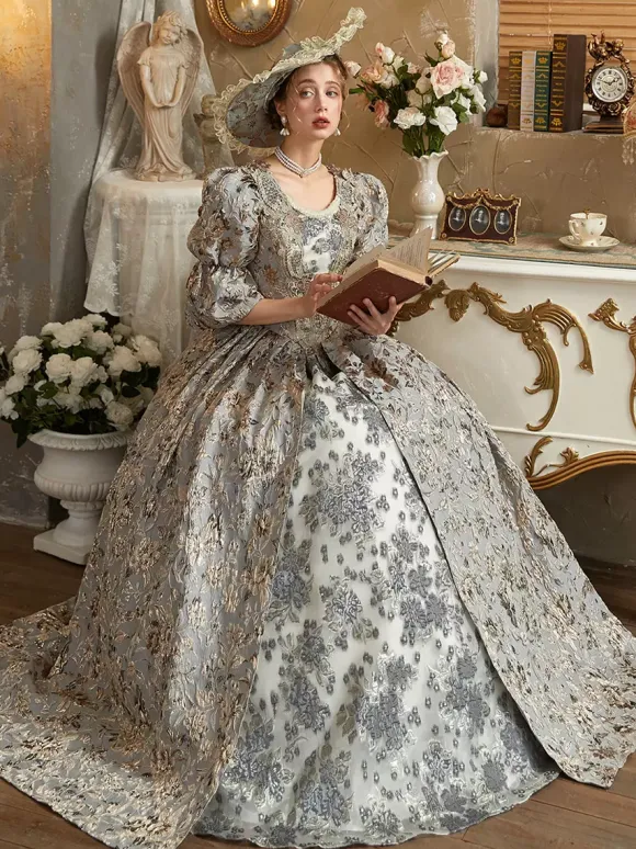 Robe Victorienne rétro gris clair Robe en polyester Costume royal Marie-Antoinette pour femme Costume du XVIIIe siècle