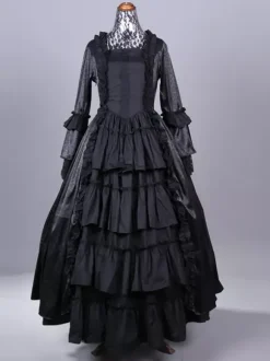 Robe Victorienne rétro noirs Robe en polyester à plusieurs niveaux Ensemble de Robe Victorienne rétro Robe Marie Antoinette pour femmes Vêtements vintage