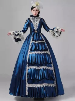 Robe victorienne rétro pour femme longue robe de bal rococo en dentelle à manches évasées et coiffe assortie