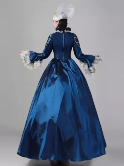 Robe victorienne rétro pour femme longue robe de bal rococo en dentelle à manches évasées et coiffe assortie