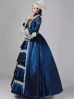 Robe victorienne rétro pour femme longue robe de bal rococo en dentelle à manches évasées et coiffe assortie