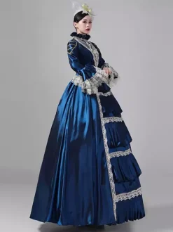 Robe victorienne rétro pour femme longue robe de bal rococo en dentelle à manches évasées et coiffe assortie