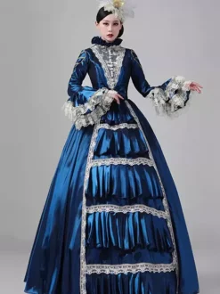 Robe victorienne rétro pour femme longue robe de bal rococo en dentelle à manches évasées et coiffe assortie