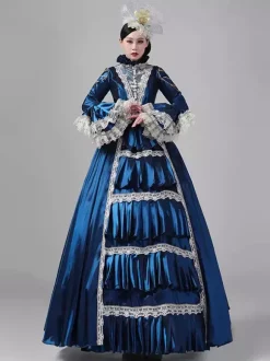 Robe victorienne rétro pour femme longue robe de bal rococo en dentelle à manches évasées et coiffe assortie