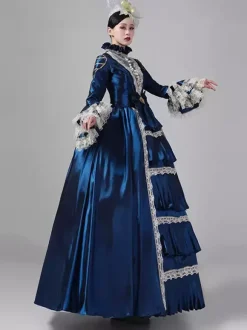 Robe victorienne rétro pour femme longue robe de bal rococo en dentelle à manches évasées et coiffe assortie