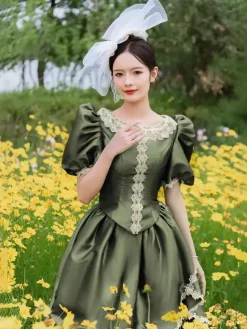Robe victorienne à tournure bouffante manches bouffantes volants en dentelle robe maxi rétro avec chapeau