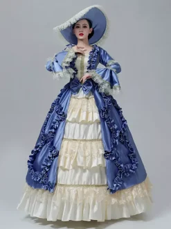 Robe victorienne vintage manches en dentelle volants froncés longueur au sol.
