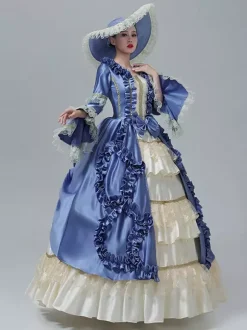Robe victorienne vintage manches en dentelle volants froncés longueur au sol.