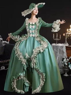 Robe victorienne vintage pour femme silhouette à hanches larges style XVIIIe siècle robe verte rétro