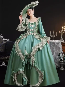 Robe victorienne vintage pour femme silhouette à hanches larges style XVIIIe siècle robe verte rétro