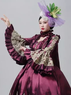 Robe victorienne vintage style Marie-Antoinette jupe brodée manches longues évasées robe de soirée vintage