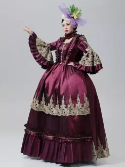 Robe victorienne vintage style Marie-Antoinette jupe brodée manches longues évasées robe de soirée vintage
