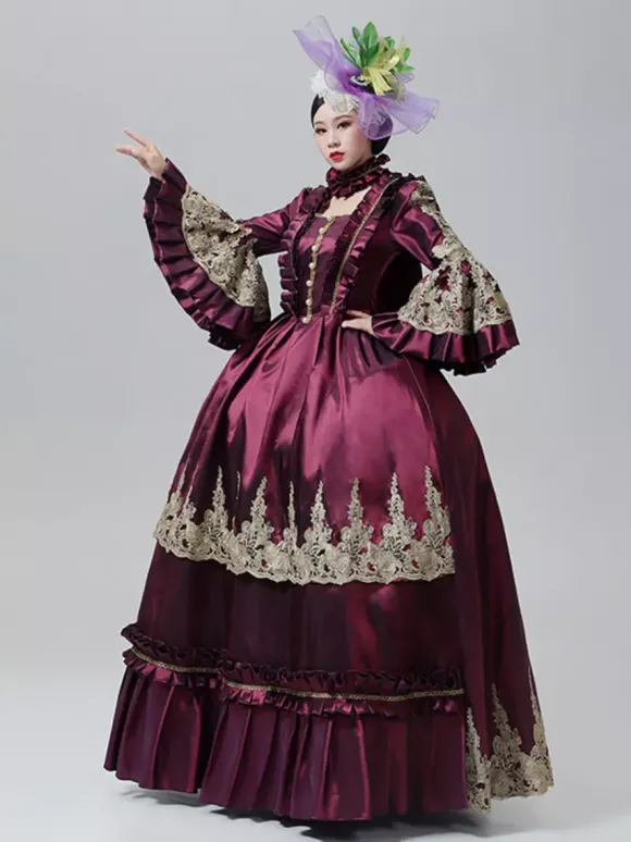 Robe victorienne vintage style Marie-Antoinette jupe brodée manches longues évasées robe de soirée vintage