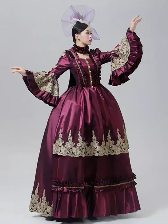 Robe victorienne vintage style Marie-Antoinette jupe brodée manches longues évasées robe de soirée vintage
