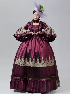 Robe victorienne vintage style Marie-Antoinette jupe brodée manches longues évasées robe de soirée vintage