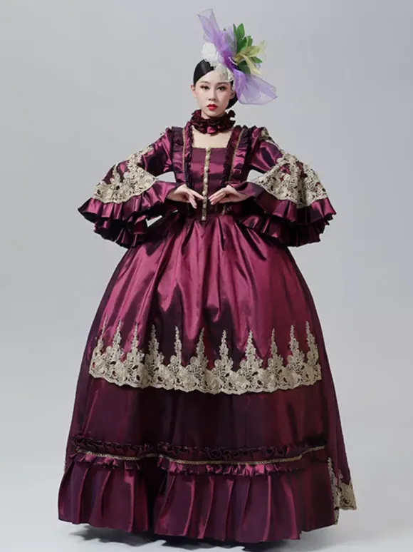 Robe victorienne vintage style Marie-Antoinette jupe brodée manches longues évasées robe de soirée vintage