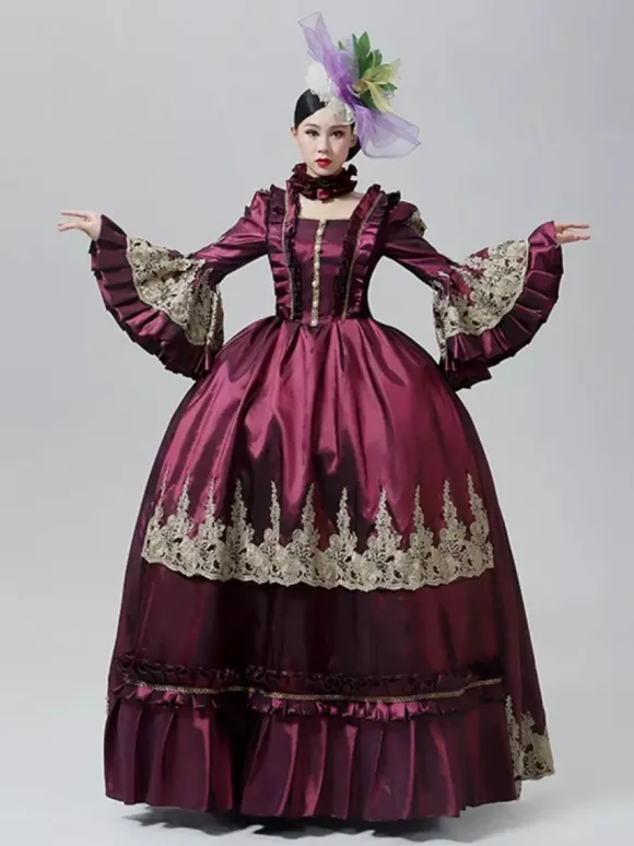Robe victorienne vintage style Marie-Antoinette jupe brodée manches longues évasées robe de soirée vintage